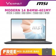 MSI MODERN 14 B4MW-401 14'' FHD LAPTOP CARBON GRAY ( RYZEN 3 4300U, 8GB, 256GB SSD, ATI, W10 ) FREE MSI SLEEVE BAG